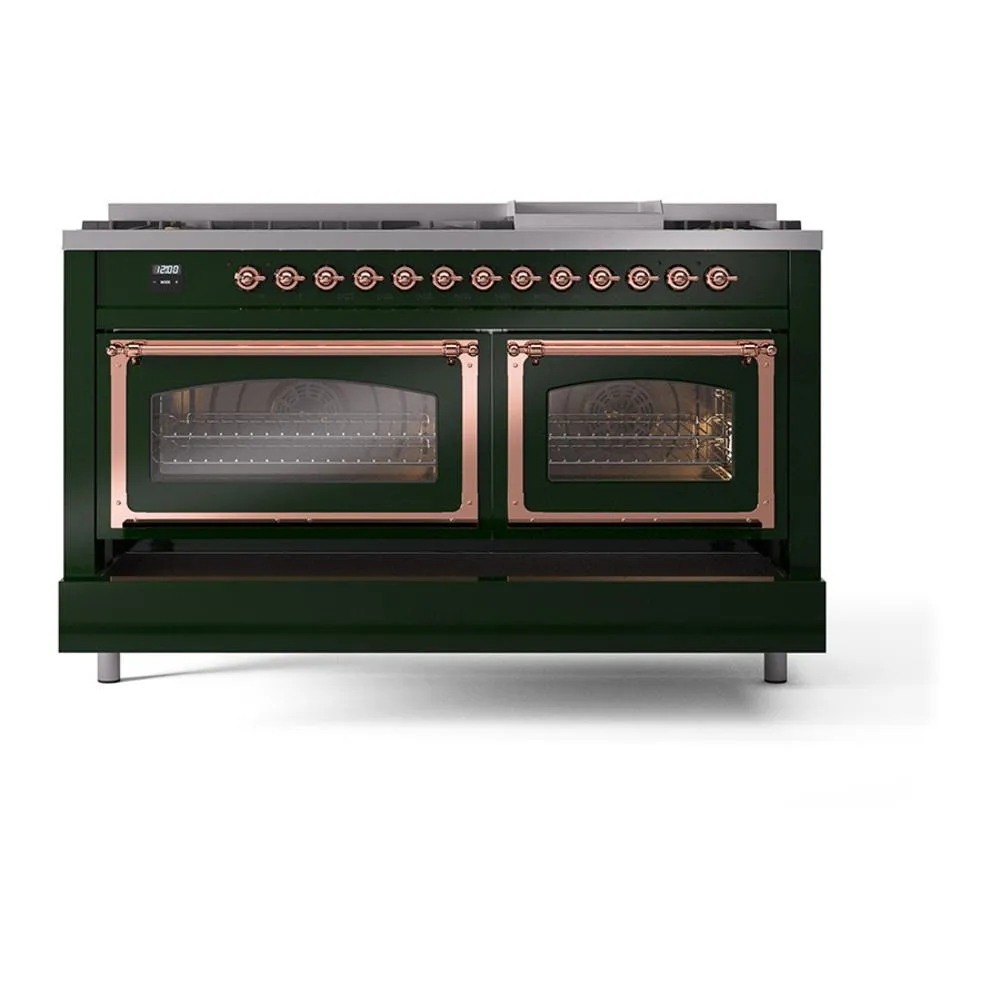 Ilve UN60FNMPEGPLP Ilve Un60Fnmpegplp Nostalgie Ii Noblesse 60" Dual Fuel Range (9 Sealed Burners   Griddle, Liquid Propane, Triple Glass Door, Emerald Green, Copper)