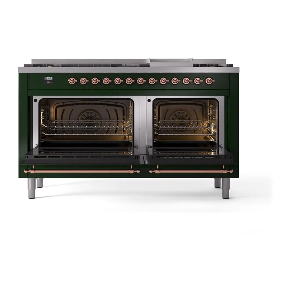 Ilve UN60FNMPEGPLP Ilve Un60Fnmpegplp Nostalgie Ii Noblesse 60" Dual Fuel Range (9 Sealed Burners   Griddle, Liquid Propane, Triple Glass Door, Emerald Green, Copper)