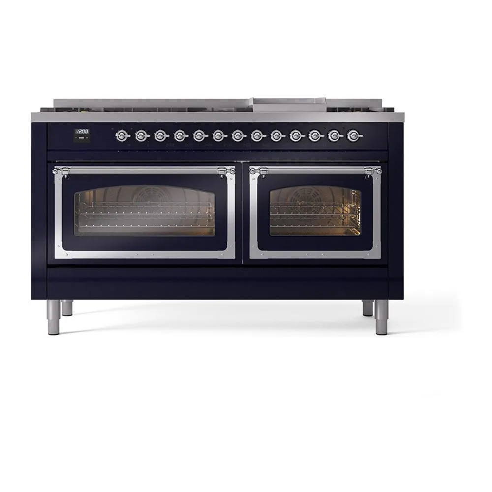 Ilve UN60FNMPMBC Ilve Un60Fnmpmbc Nostalgie Ii Noblesse 60" Dual Fuel Range (9 Sealed Burners   Griddle, Natural Gas, Triple Glass Door, Midnight Blue, Chrome)