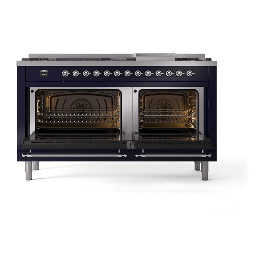 Ilve UN60FNMPMBC Ilve Un60Fnmpmbc Nostalgie Ii Noblesse 60" Dual Fuel Range (9 Sealed Burners   Griddle, Natural Gas, Triple Glass Door, Midnight Blue, Chrome)