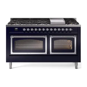 Ilve UN60FNMPMBC Ilve Un60Fnmpmbc Nostalgie Ii Noblesse 60" Dual Fuel Range (9 Sealed Burners   Griddle, Natural Gas, Triple Glass Door, Midnight Blue, Chrome)