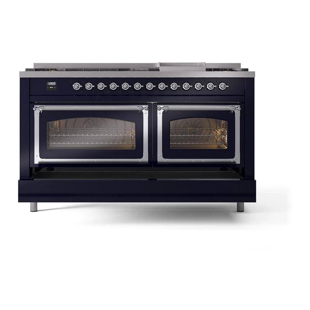 Ilve UN60FNMPMBC Ilve Un60Fnmpmbc Nostalgie Ii Noblesse 60" Dual Fuel Range (9 Sealed Burners   Griddle, Natural Gas, Triple Glass Door, Midnight Blue, Chrome)