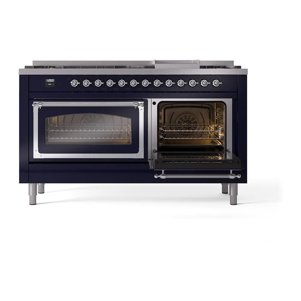 Ilve UN60FNMPMBC Ilve Un60Fnmpmbc Nostalgie Ii Noblesse 60" Dual Fuel Range (9 Sealed Burners   Griddle, Natural Gas, Triple Glass Door, Midnight Blue, Chrome)