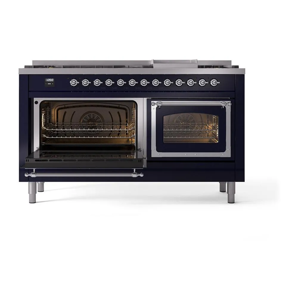 Ilve UN60FNMPMBC Ilve Un60Fnmpmbc Nostalgie Ii Noblesse 60" Dual Fuel Range (9 Sealed Burners   Griddle, Natural Gas, Triple Glass Door, Midnight Blue, Chrome)