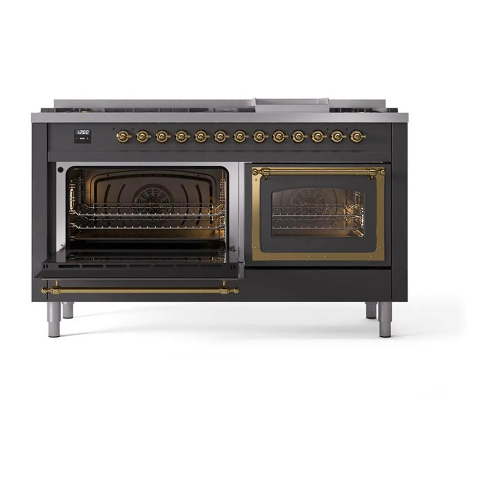 Ilve UN60FNMPMGG Ilve Un60Fnmpmgg Nostalgie Ii Noblesse 60" Dual Fuel Range (9 Sealed Burners   Griddle, Natural Gas, Triple Glass Door, Graphite Matte, Brass)