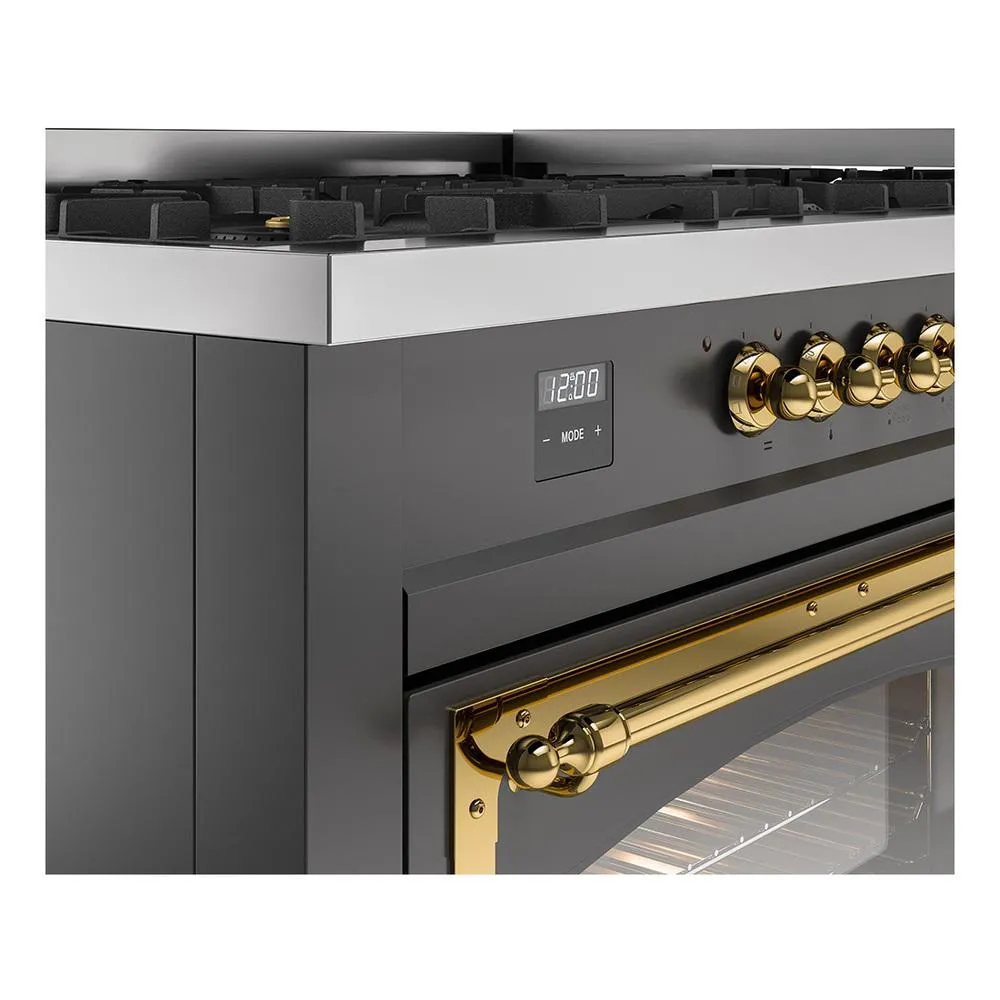 Ilve UN60FNMPMGG Ilve Un60Fnmpmgg Nostalgie Ii Noblesse 60" Dual Fuel Range (9 Sealed Burners   Griddle, Natural Gas, Triple Glass Door, Graphite Matte, Brass)