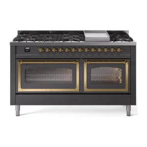 Ilve UN60FNMPMGG Ilve Un60Fnmpmgg Nostalgie Ii Noblesse 60" Dual Fuel Range (9 Sealed Burners   Griddle, Natural Gas, Triple Glass Door, Graphite Matte, Brass)