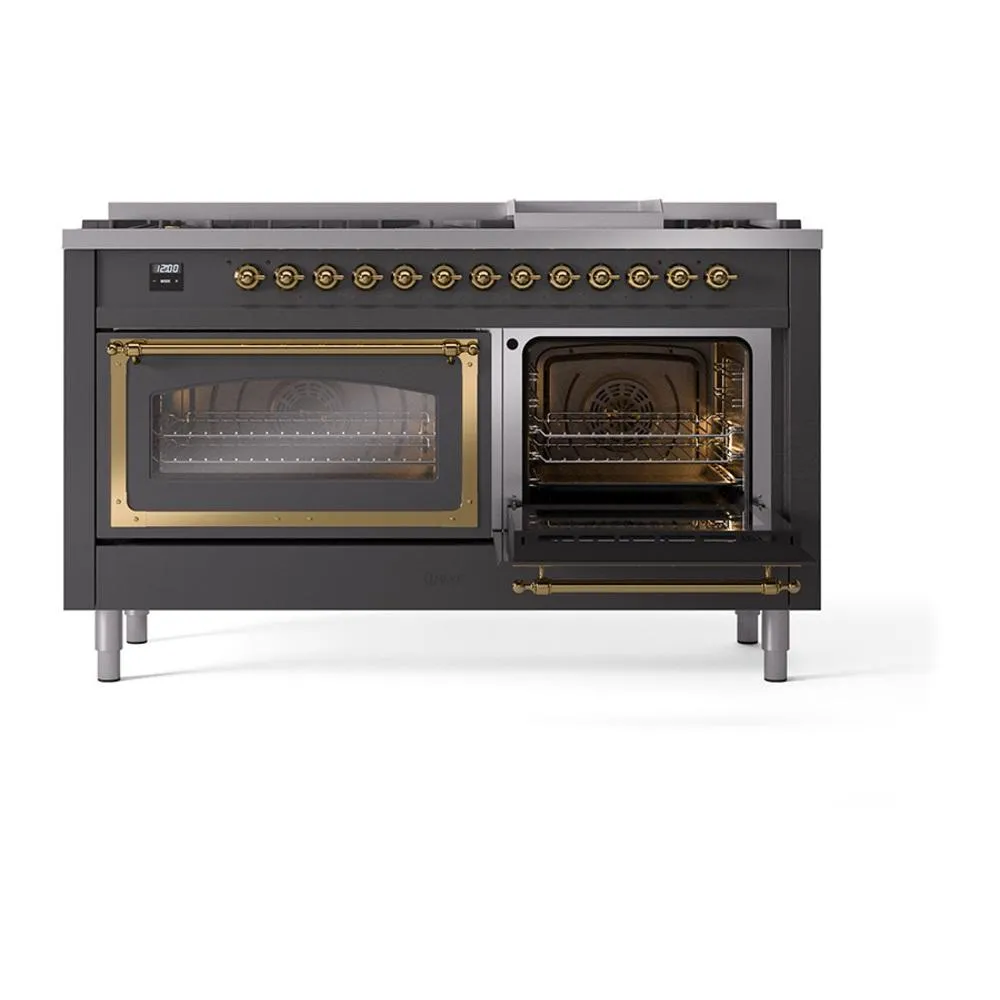 Ilve UN60FNMPMGG Ilve Un60Fnmpmgg Nostalgie Ii Noblesse 60" Dual Fuel Range (9 Sealed Burners   Griddle, Natural Gas, Triple Glass Door, Graphite Matte, Brass)