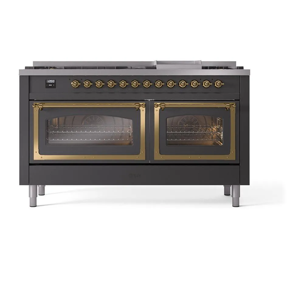 Ilve UN60FNMPMGG Ilve Un60Fnmpmgg Nostalgie Ii Noblesse 60" Dual Fuel Range (9 Sealed Burners   Griddle, Natural Gas, Triple Glass Door, Graphite Matte, Brass)