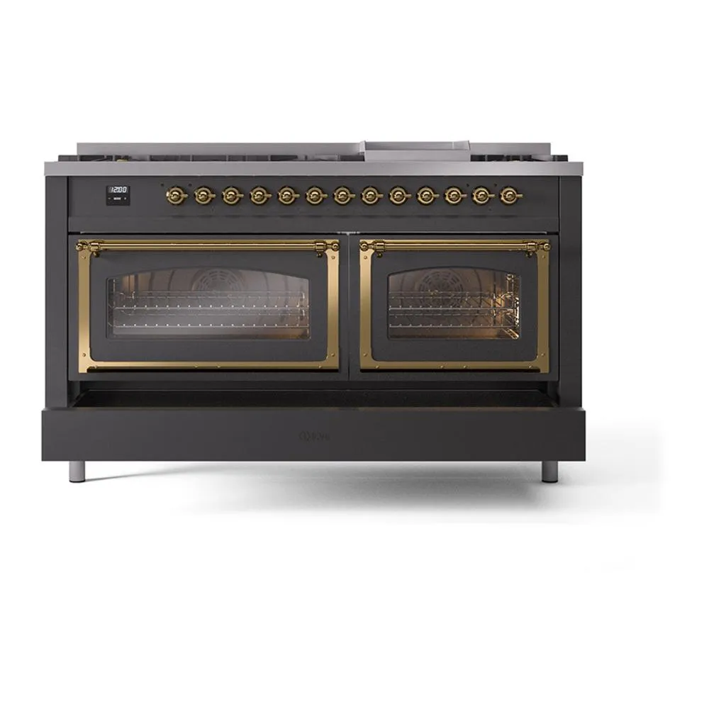 Ilve UN60FNMPMGG Ilve Un60Fnmpmgg Nostalgie Ii Noblesse 60" Dual Fuel Range (9 Sealed Burners   Griddle, Natural Gas, Triple Glass Door, Graphite Matte, Brass)