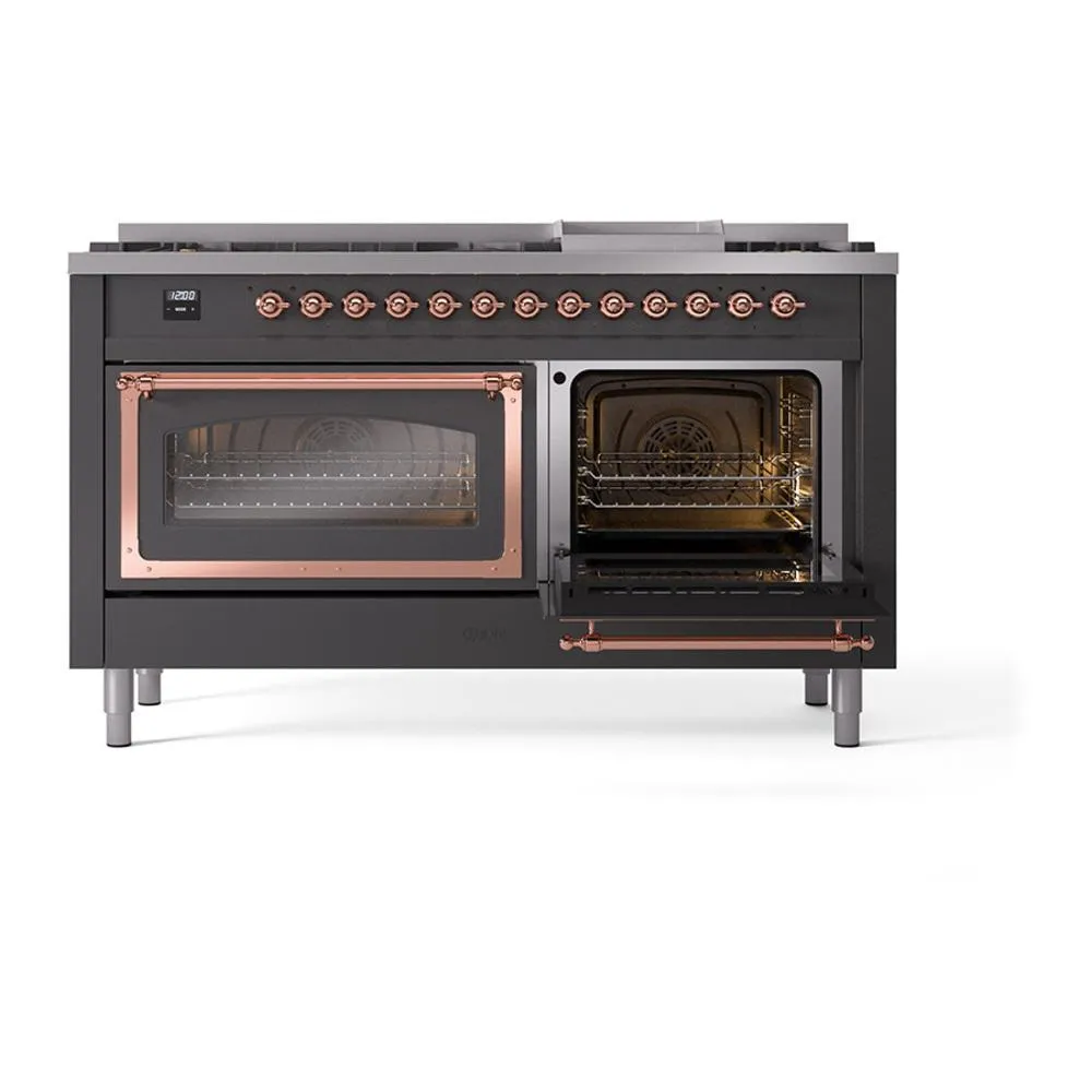 Ilve UN60FNMPMGPLP Ilve Un60Fnmpmgplp Nostalgie Ii Noblesse 60" Dual Fuel Range (9 Sealed Burners   Griddle, Liquid Propane, Triple Glass Door, Graphite Matte, Copper)