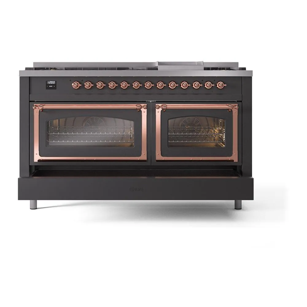 Ilve UN60FNMPMGPLP Ilve Un60Fnmpmgplp Nostalgie Ii Noblesse 60" Dual Fuel Range (9 Sealed Burners   Griddle, Liquid Propane, Triple Glass Door, Graphite Matte, Copper)