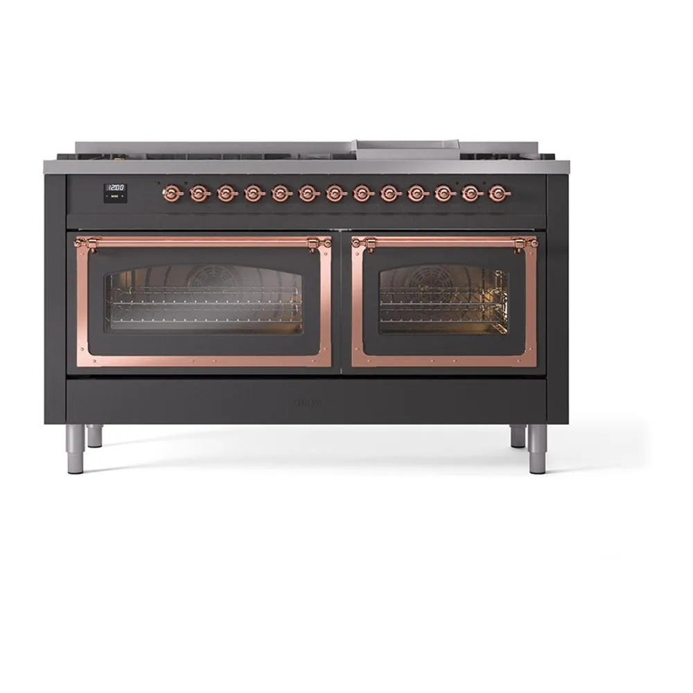 Ilve UN60FNMPMGPLP Ilve Un60Fnmpmgplp Nostalgie Ii Noblesse 60" Dual Fuel Range (9 Sealed Burners   Griddle, Liquid Propane, Triple Glass Door, Graphite Matte, Copper)