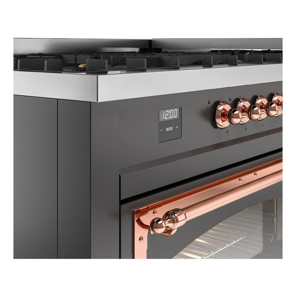 Ilve UN60FNMPMGPLP Ilve Un60Fnmpmgplp Nostalgie Ii Noblesse 60" Dual Fuel Range (9 Sealed Burners   Griddle, Liquid Propane, Triple Glass Door, Graphite Matte, Copper)