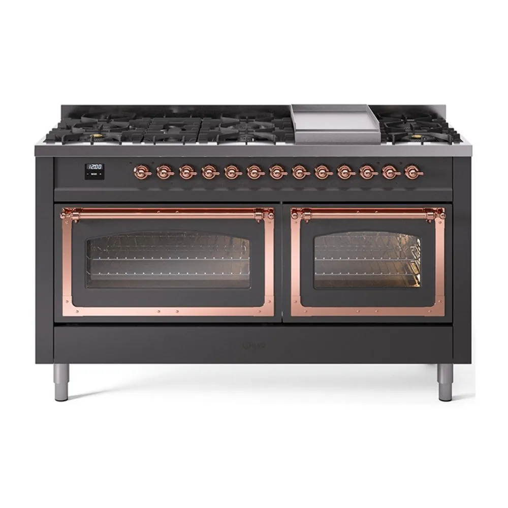 Ilve UN60FNMPMGPLP Ilve Un60Fnmpmgplp Nostalgie Ii Noblesse 60" Dual Fuel Range (9 Sealed Burners   Griddle, Liquid Propane, Triple Glass Door, Graphite Matte, Copper)