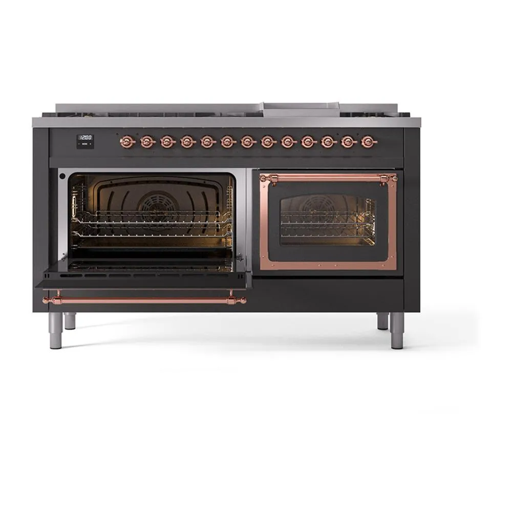 Ilve UN60FNMPMGPLP Ilve Un60Fnmpmgplp Nostalgie Ii Noblesse 60" Dual Fuel Range (9 Sealed Burners   Griddle, Liquid Propane, Triple Glass Door, Graphite Matte, Copper)