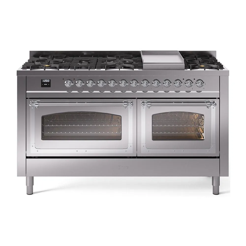Ilve UN60FNMPSSCLP Ilve Un60Fnmpssclp Nostalgie Ii Noblesse 60" Dual Fuel Range (9 Sealed Burners   Griddle, Liquid Propane, Triple Glass Door, Stainless Steel, Chrome)