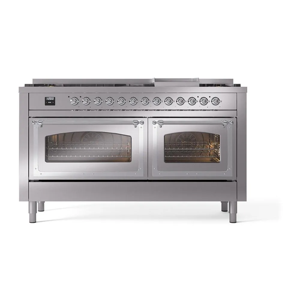 Ilve UN60FNMPSSCLP Ilve Un60Fnmpssclp Nostalgie Ii Noblesse 60" Dual Fuel Range (9 Sealed Burners   Griddle, Liquid Propane, Triple Glass Door, Stainless Steel, Chrome)