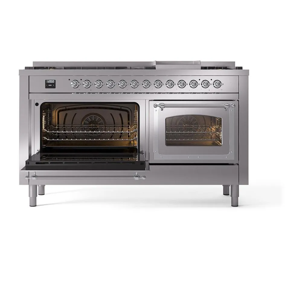 Ilve UN60FNMPSSCLP Ilve Un60Fnmpssclp Nostalgie Ii Noblesse 60" Dual Fuel Range (9 Sealed Burners   Griddle, Liquid Propane, Triple Glass Door, Stainless Steel, Chrome)