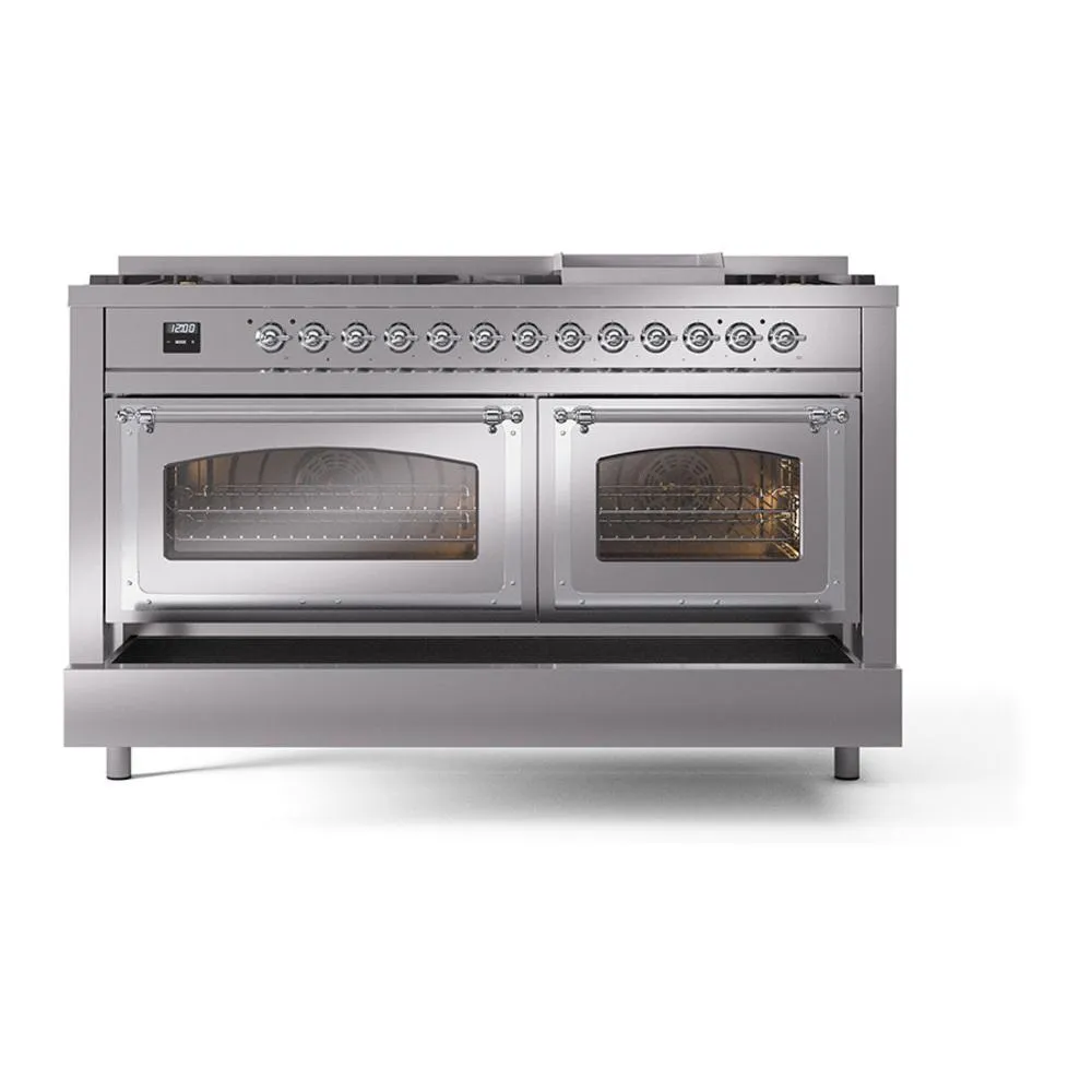 Ilve UN60FNMPSSCLP Ilve Un60Fnmpssclp Nostalgie Ii Noblesse 60" Dual Fuel Range (9 Sealed Burners   Griddle, Liquid Propane, Triple Glass Door, Stainless Steel, Chrome)