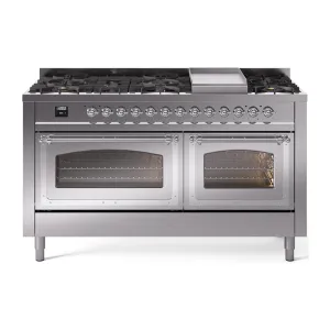 Ilve UN60FNMPSSCLP Ilve Un60Fnmpssclp Nostalgie Ii Noblesse 60" Dual Fuel Range (9 Sealed Burners   Griddle, Liquid Propane, Triple Glass Door, Stainless Steel, Chrome)