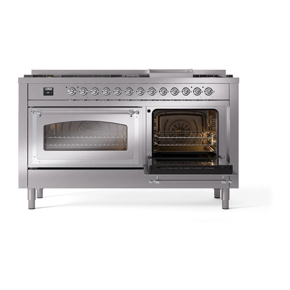 Ilve UN60FNMPSSCLP Ilve Un60Fnmpssclp Nostalgie Ii Noblesse 60" Dual Fuel Range (9 Sealed Burners   Griddle, Liquid Propane, Triple Glass Door, Stainless Steel, Chrome)