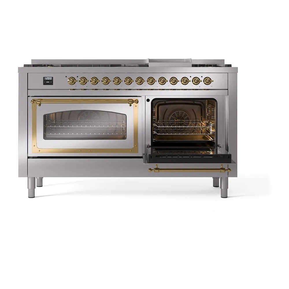 Ilve UN60FNMPSSG Ilve Un60Fnmpssg Nostalgie Ii Noblesse 60" Dual Fuel Range (9 Sealed Burners   Griddle, Natural Gas, Triple Glass Door, Stainless Steel, Brass)