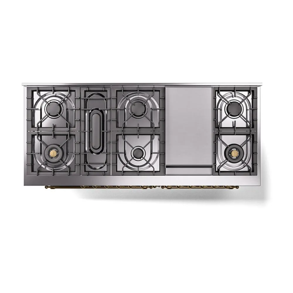Ilve UN60FNMPSSG Ilve Un60Fnmpssg Nostalgie Ii Noblesse 60" Dual Fuel Range (9 Sealed Burners   Griddle, Natural Gas, Triple Glass Door, Stainless Steel, Brass)