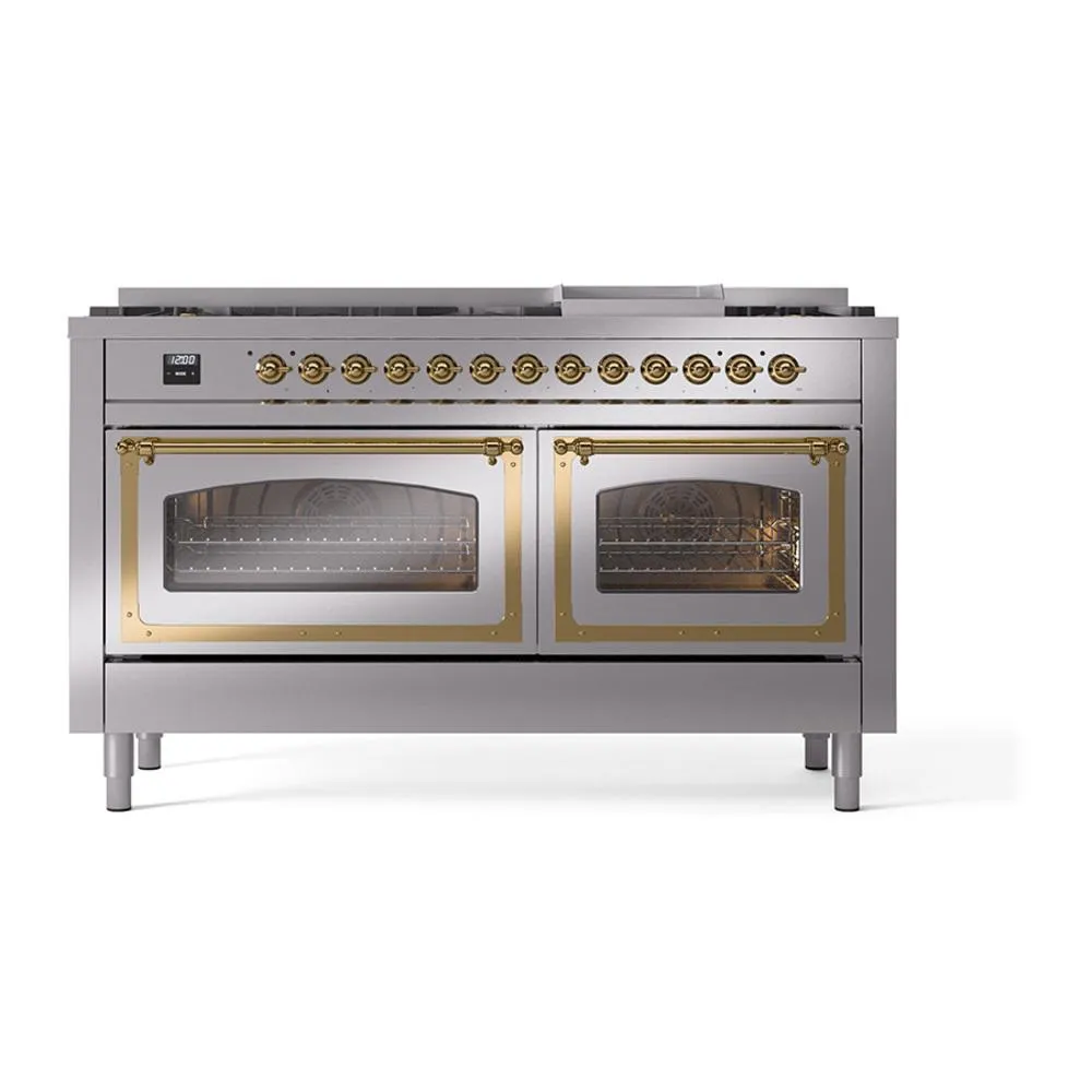 Ilve UN60FNMPSSG Ilve Un60Fnmpssg Nostalgie Ii Noblesse 60" Dual Fuel Range (9 Sealed Burners   Griddle, Natural Gas, Triple Glass Door, Stainless Steel, Brass)