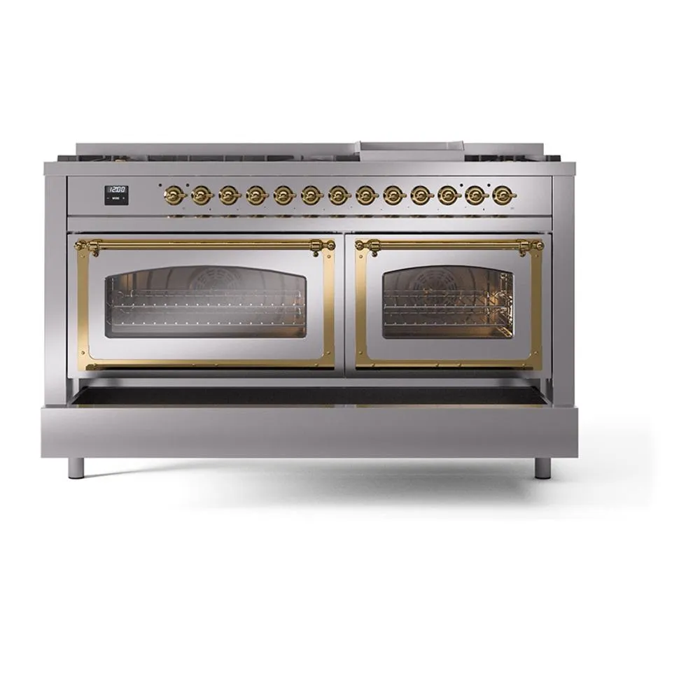 Ilve UN60FNMPSSG Ilve Un60Fnmpssg Nostalgie Ii Noblesse 60" Dual Fuel Range (9 Sealed Burners   Griddle, Natural Gas, Triple Glass Door, Stainless Steel, Brass)