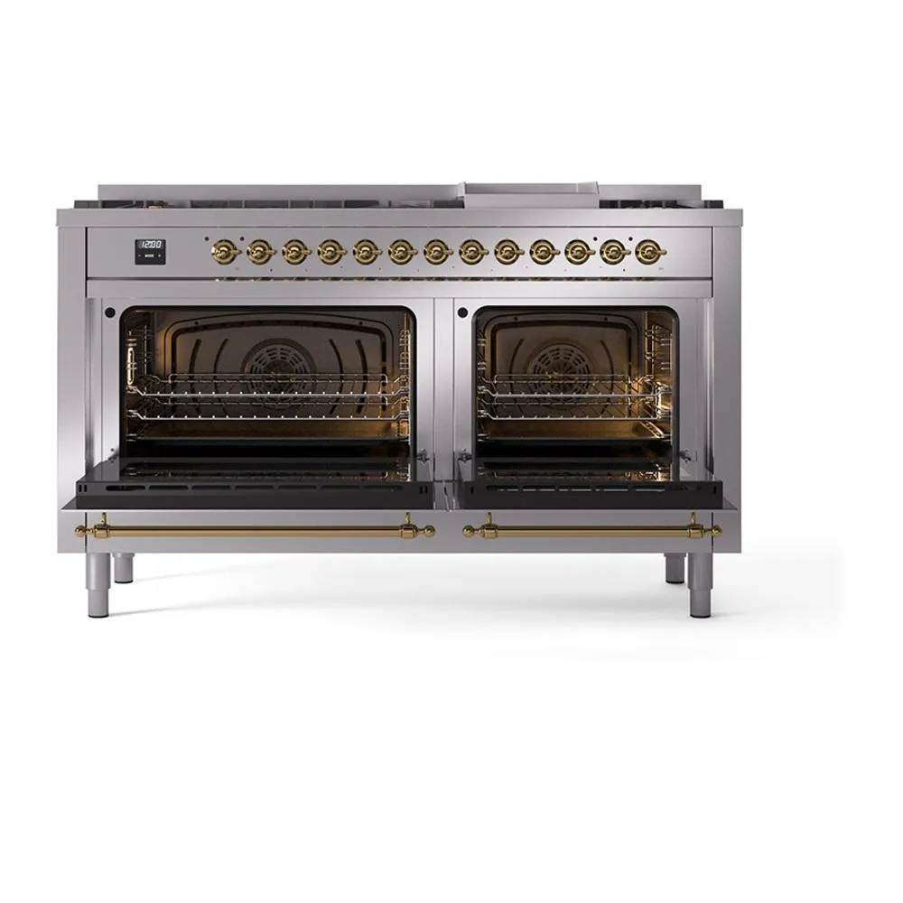 Ilve UN60FNMPSSG Ilve Un60Fnmpssg Nostalgie Ii Noblesse 60" Dual Fuel Range (9 Sealed Burners   Griddle, Natural Gas, Triple Glass Door, Stainless Steel, Brass)