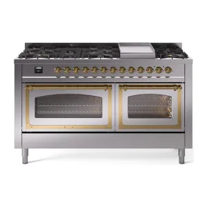 Ilve UN60FNMPSSGLP Ilve Un60Fnmpssglp Nostalgie Ii Noblesse 60" Dual Fuel Range (9 Sealed Burners   Griddle, Liquid Propane, Triple Glass Door, Stainless Steel, Brass)