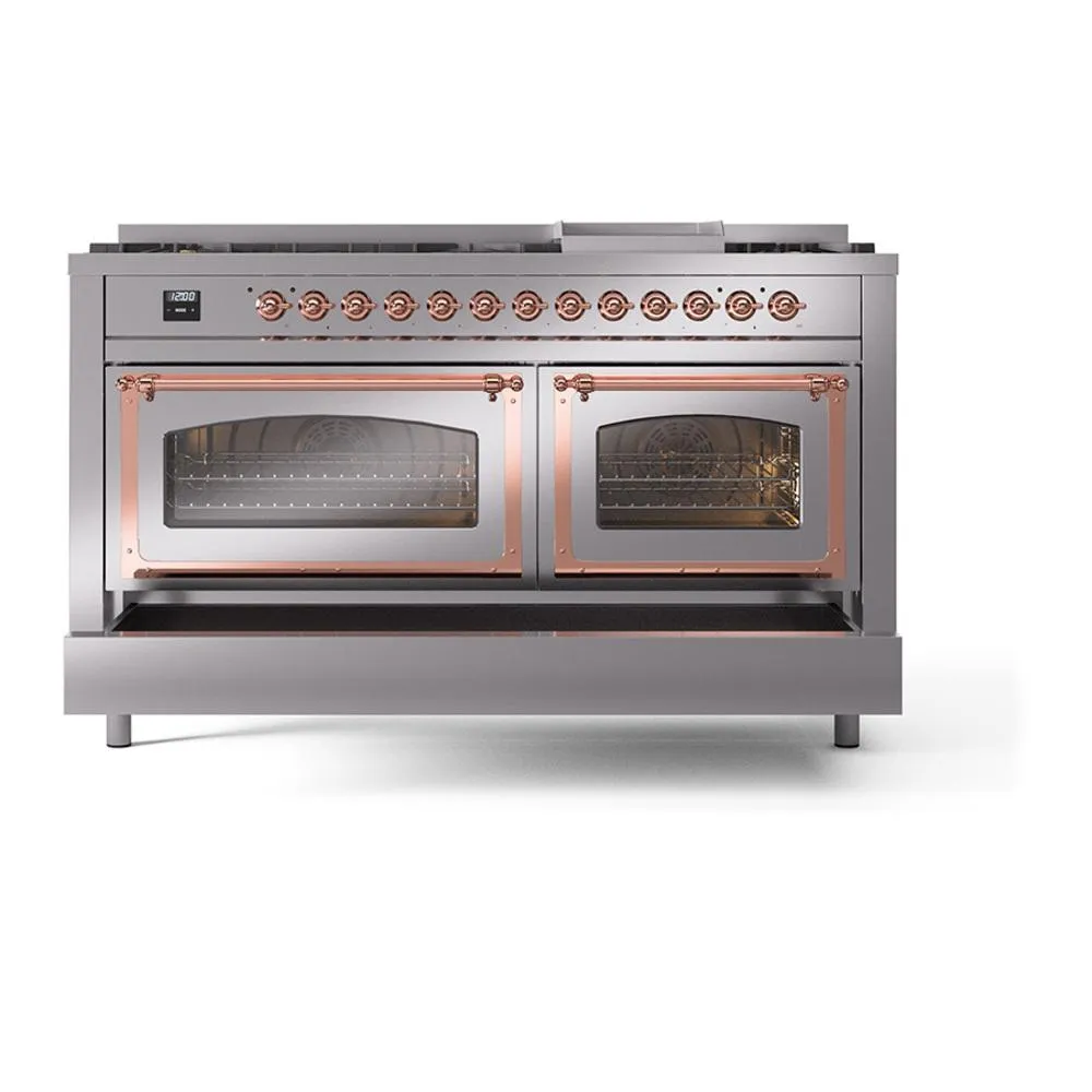 Ilve UN60FNMPSSPLP Ilve Un60Fnmpssplp Nostalgie Ii Noblesse 60" Dual Fuel Range (9 Sealed Burners   Griddle, Liquid Propane, Triple Glass Door, Stainless Steel, Copper)