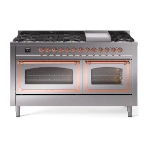 Ilve UN60FNMPSSPLP Ilve Un60Fnmpssplp Nostalgie Ii Noblesse 60" Dual Fuel Range (9 Sealed Burners   Griddle, Liquid Propane, Triple Glass Door, Stainless Steel, Copper)