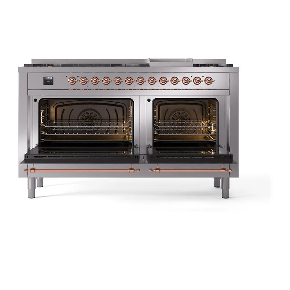 Ilve UN60FNMPSSPLP Ilve Un60Fnmpssplp Nostalgie Ii Noblesse 60" Dual Fuel Range (9 Sealed Burners   Griddle, Liquid Propane, Triple Glass Door, Stainless Steel, Copper)