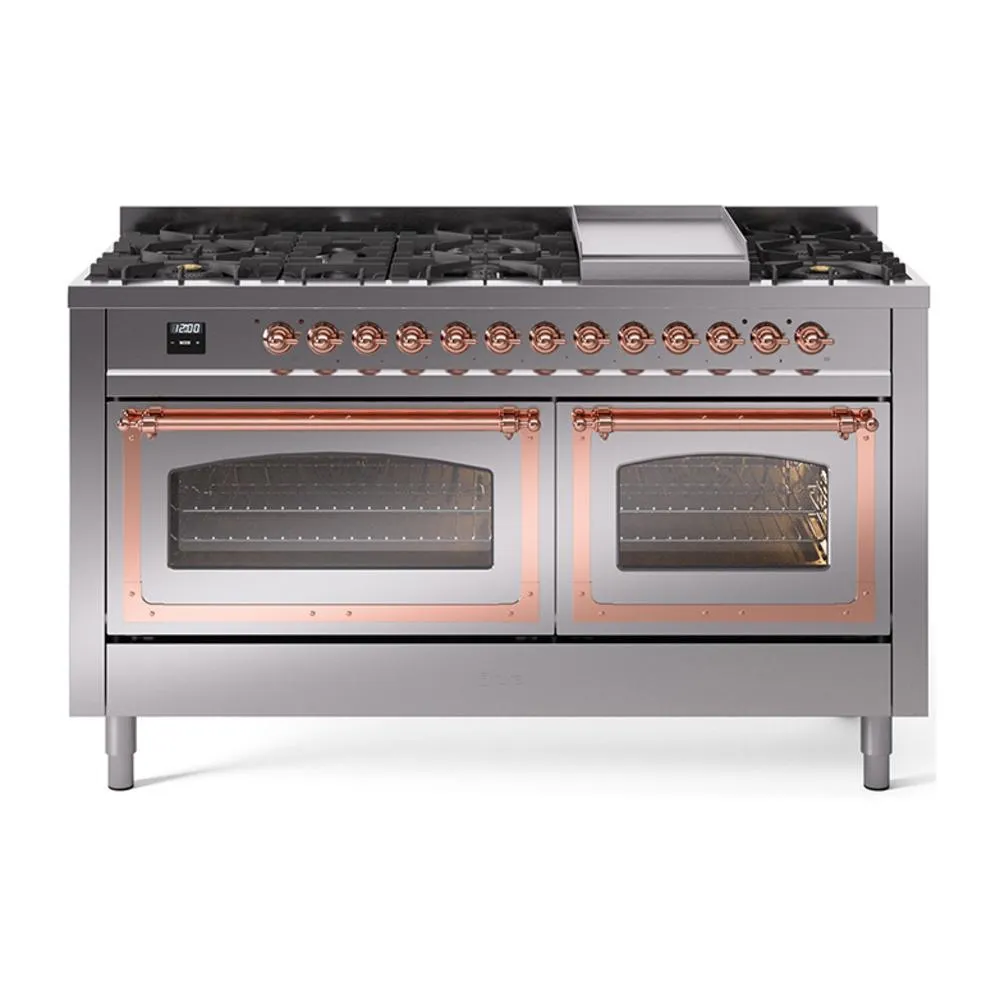 Ilve UN60FNMPSSPLP Ilve Un60Fnmpssplp Nostalgie Ii Noblesse 60" Dual Fuel Range (9 Sealed Burners   Griddle, Liquid Propane, Triple Glass Door, Stainless Steel, Copper)