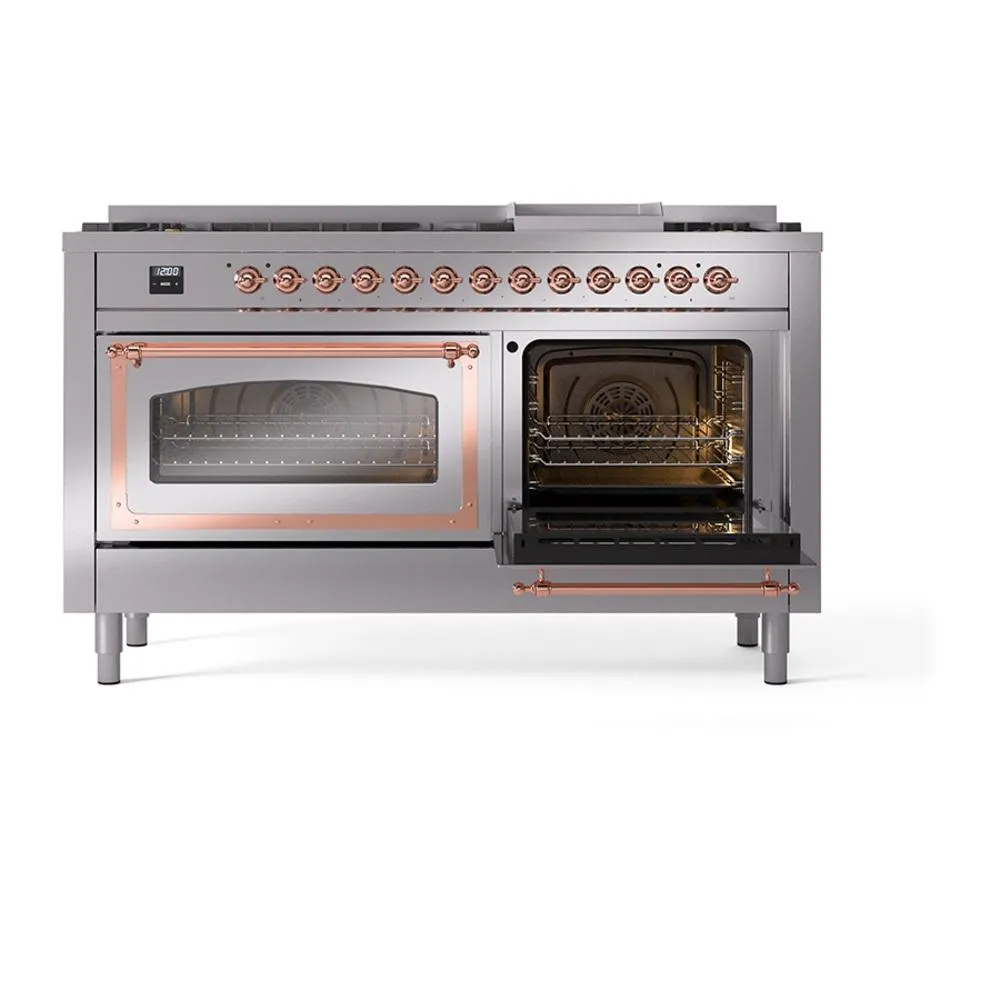 Ilve UN60FNMPSSPLP Ilve Un60Fnmpssplp Nostalgie Ii Noblesse 60" Dual Fuel Range (9 Sealed Burners   Griddle, Liquid Propane, Triple Glass Door, Stainless Steel, Copper)