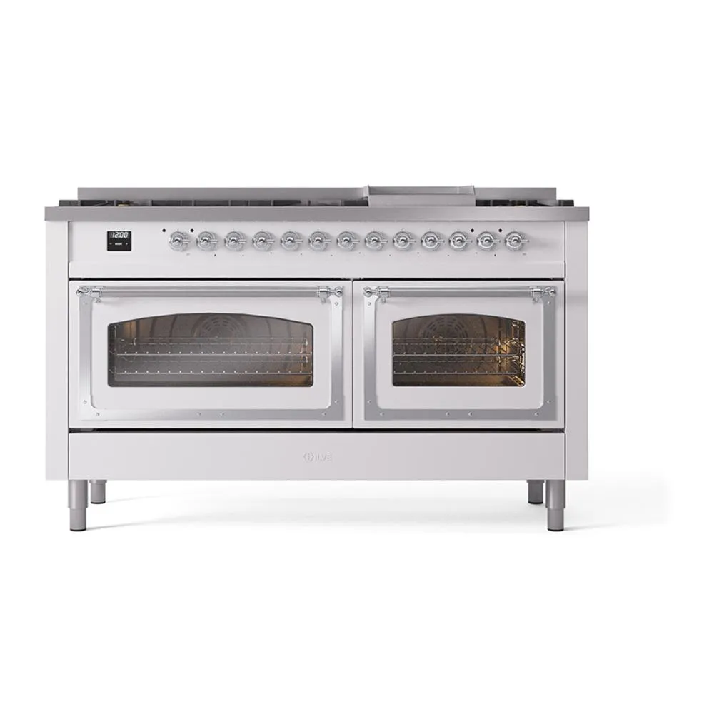 Ilve UN60FNMPWHCLP Ilve Un60Fnmpwhclp Nostalgie Ii Noblesse 60" Dual Fuel Range (9 Sealed Burners   Griddle, Liquid Propane, Triple Glass Door, White, Chrome)