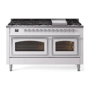 Ilve UN60FNMPWHCLP Ilve Un60Fnmpwhclp Nostalgie Ii Noblesse 60" Dual Fuel Range (9 Sealed Burners   Griddle, Liquid Propane, Triple Glass Door, White, Chrome)
