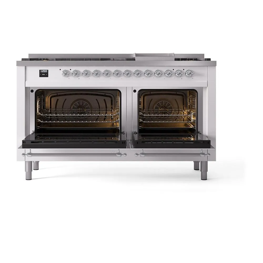 Ilve UN60FNMPWHCLP Ilve Un60Fnmpwhclp Nostalgie Ii Noblesse 60" Dual Fuel Range (9 Sealed Burners   Griddle, Liquid Propane, Triple Glass Door, White, Chrome)