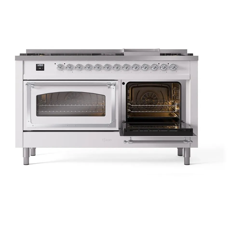 Ilve UN60FNMPWHCLP Ilve Un60Fnmpwhclp Nostalgie Ii Noblesse 60" Dual Fuel Range (9 Sealed Burners   Griddle, Liquid Propane, Triple Glass Door, White, Chrome)