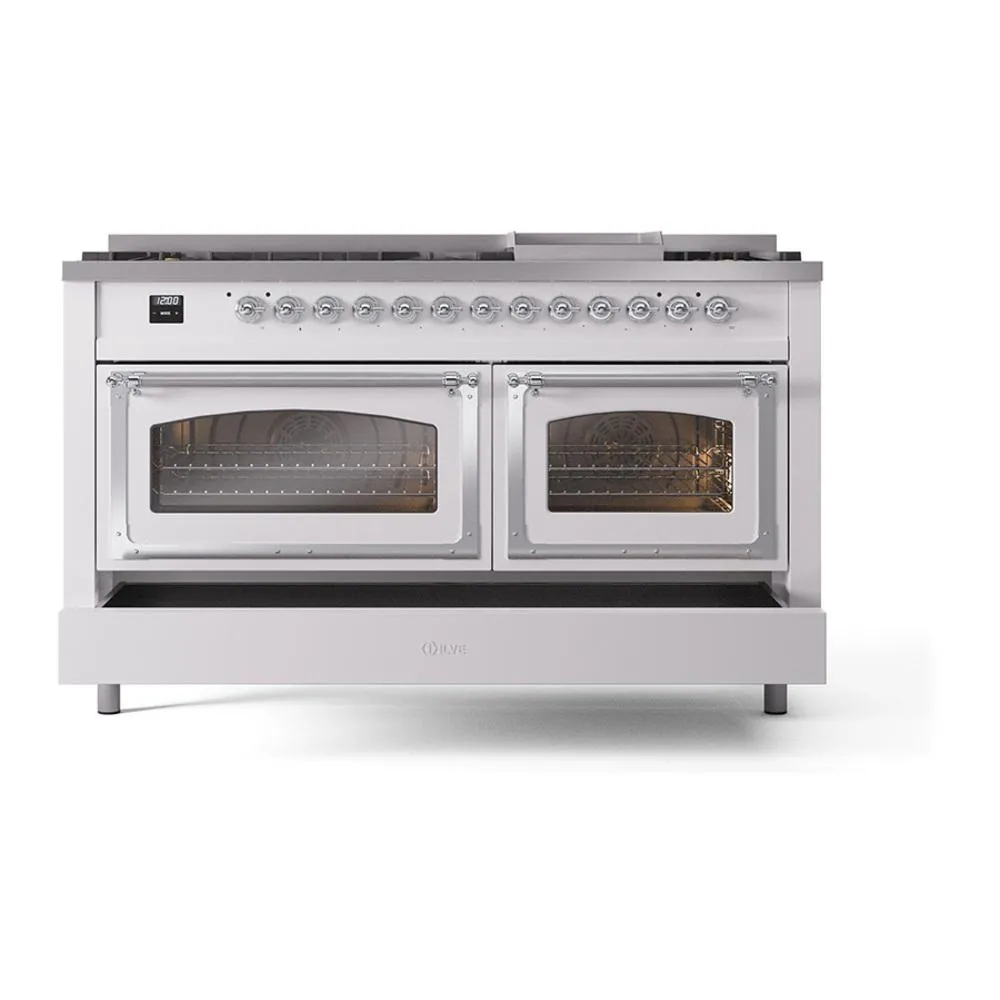 Ilve UN60FNMPWHCLP Ilve Un60Fnmpwhclp Nostalgie Ii Noblesse 60" Dual Fuel Range (9 Sealed Burners   Griddle, Liquid Propane, Triple Glass Door, White, Chrome)