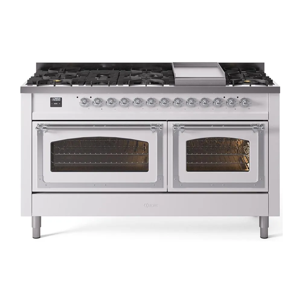 Ilve UN60FNMPWHCLP Ilve Un60Fnmpwhclp Nostalgie Ii Noblesse 60" Dual Fuel Range (9 Sealed Burners   Griddle, Liquid Propane, Triple Glass Door, White, Chrome)