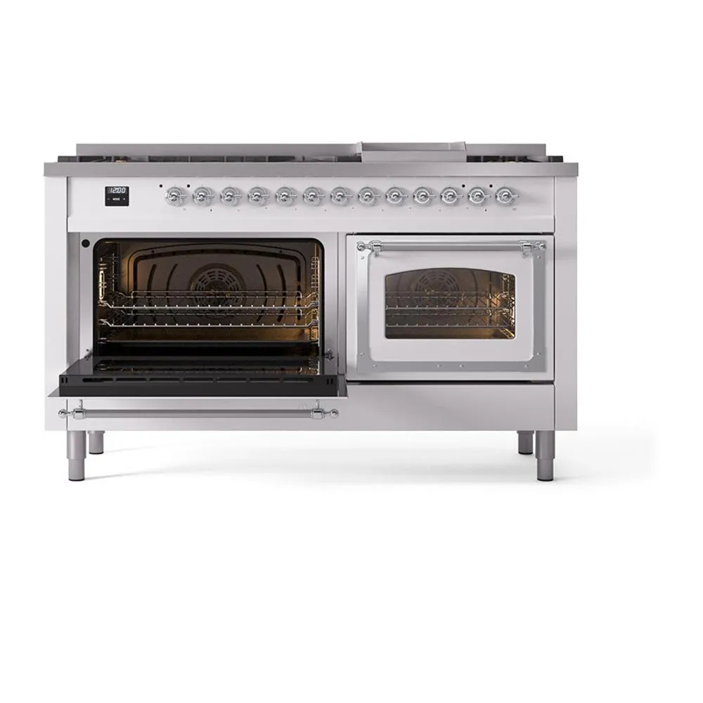 Ilve UN60FNMPWHCLP Ilve Un60Fnmpwhclp Nostalgie Ii Noblesse 60" Dual Fuel Range (9 Sealed Burners   Griddle, Liquid Propane, Triple Glass Door, White, Chrome)