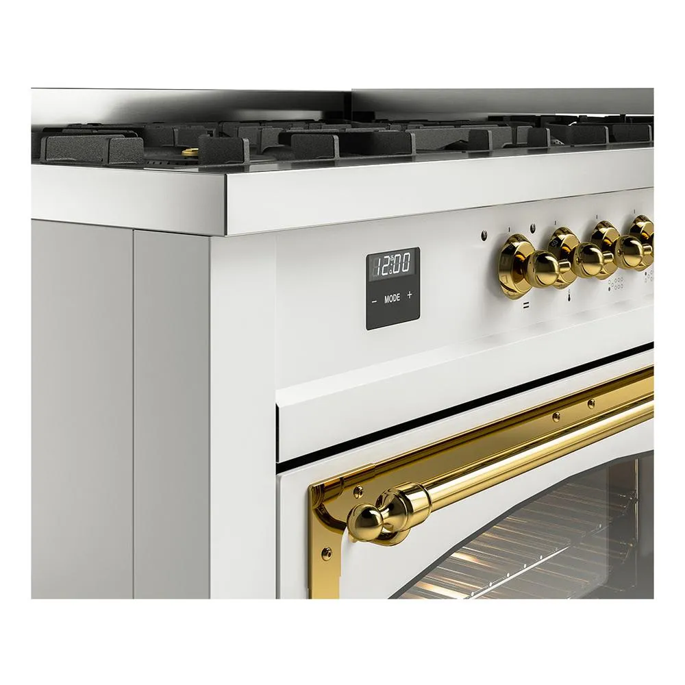 Ilve UN60FNMPWHG Ilve Un60Fnmpwhg Nostalgie Ii Noblesse 60" Dual Fuel Range (9 Sealed Burners   Griddle, Natural Gas, Triple Glass Door, White, Brass)