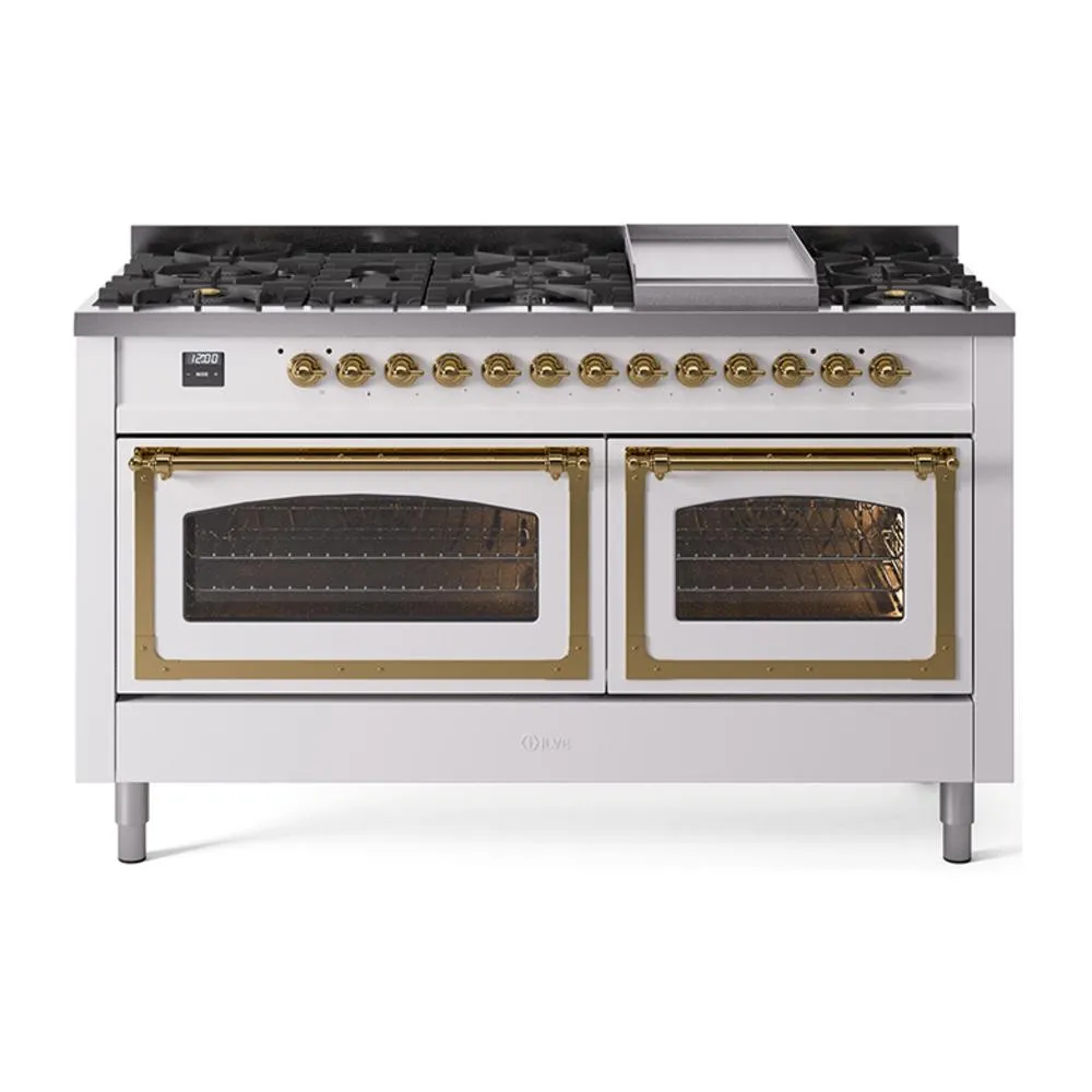 Ilve UN60FNMPWHG Ilve Un60Fnmpwhg Nostalgie Ii Noblesse 60" Dual Fuel Range (9 Sealed Burners   Griddle, Natural Gas, Triple Glass Door, White, Brass)