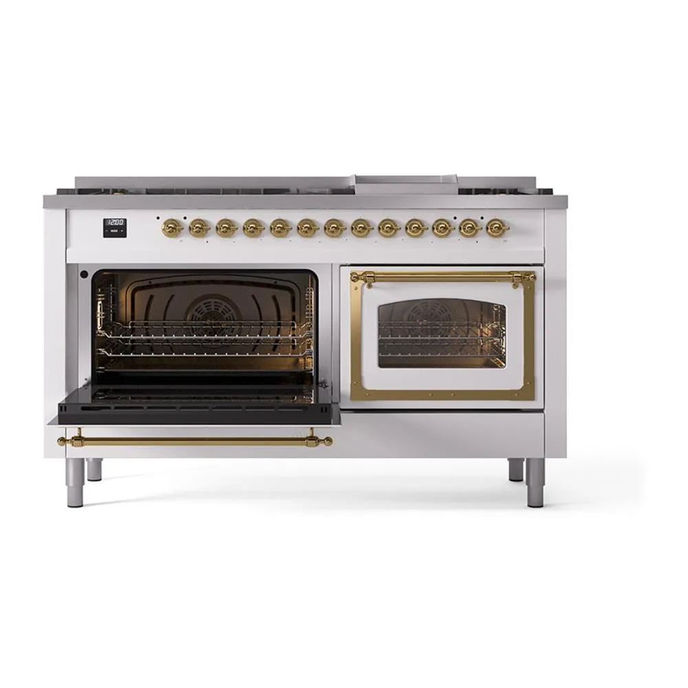 Ilve UN60FNMPWHG Ilve Un60Fnmpwhg Nostalgie Ii Noblesse 60" Dual Fuel Range (9 Sealed Burners   Griddle, Natural Gas, Triple Glass Door, White, Brass)