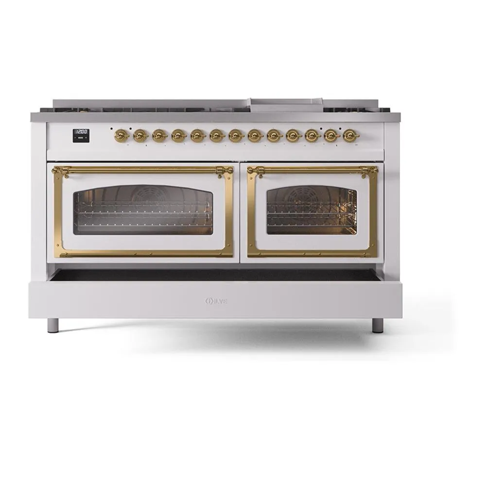 Ilve UN60FNMPWHG Ilve Un60Fnmpwhg Nostalgie Ii Noblesse 60" Dual Fuel Range (9 Sealed Burners   Griddle, Natural Gas, Triple Glass Door, White, Brass)