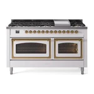 Ilve UN60FNMPWHG Ilve Un60Fnmpwhg Nostalgie Ii Noblesse 60" Dual Fuel Range (9 Sealed Burners   Griddle, Natural Gas, Triple Glass Door, White, Brass)