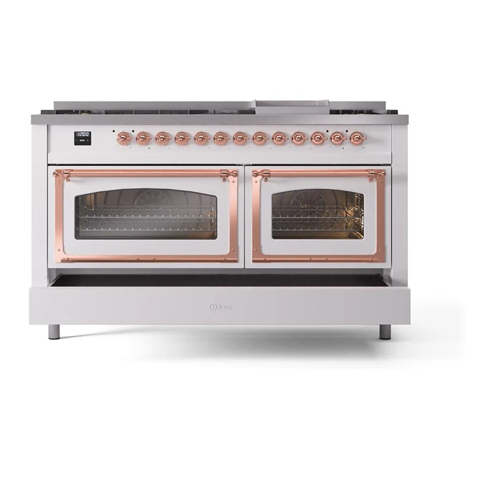 Ilve UN60FNMPWHP Ilve Un60Fnmpwhp Nostalgie Ii Noblesse 60" Dual Fuel Range (9 Sealed Burners   Griddle, Natural Gas, Triple Glass Door, White, Copper)